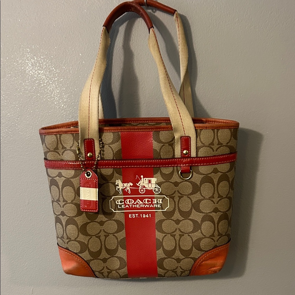 Coach Heritage Signature Tote with Red Stripe and Tan Signature Print